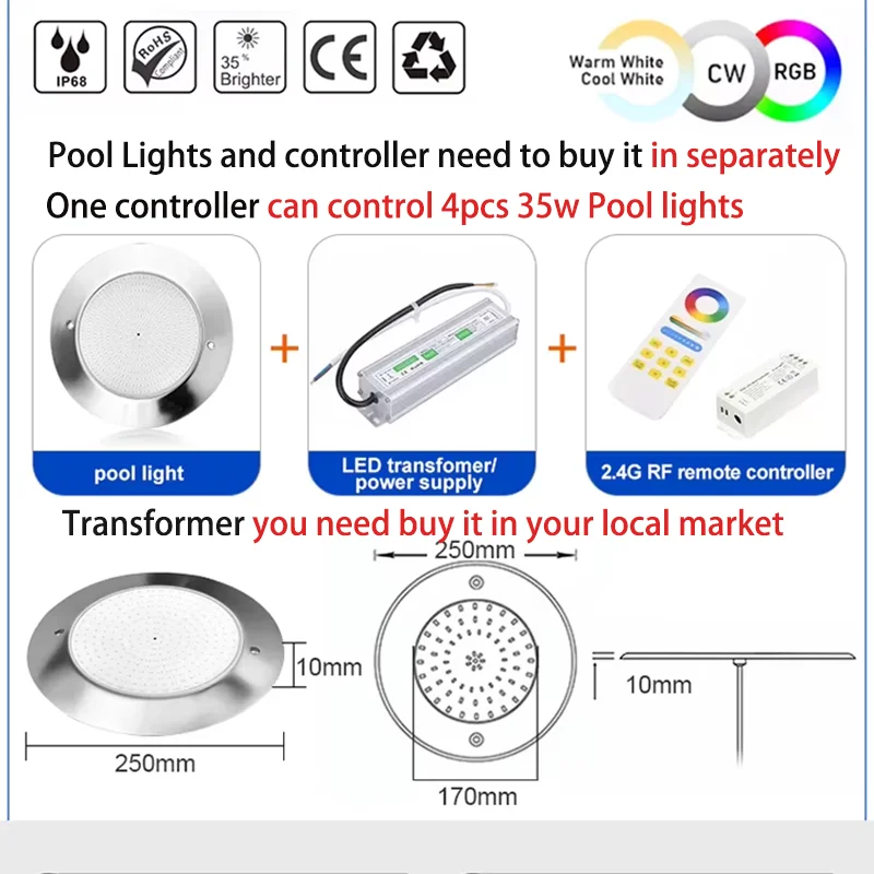 Ultra-Thin 18W 35W Stainless Steel Underwater Pool Lights RGB DC12V/24V Phone Tuya WIFI Controller Music IP68 Pipe Piscina Lamp