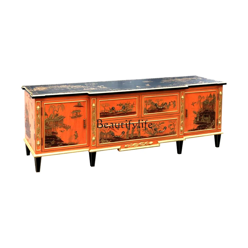

*Neoclassical luxury painted TV cabinet low cabinet French Chinese style orange living room floor cabinet villa solid wood