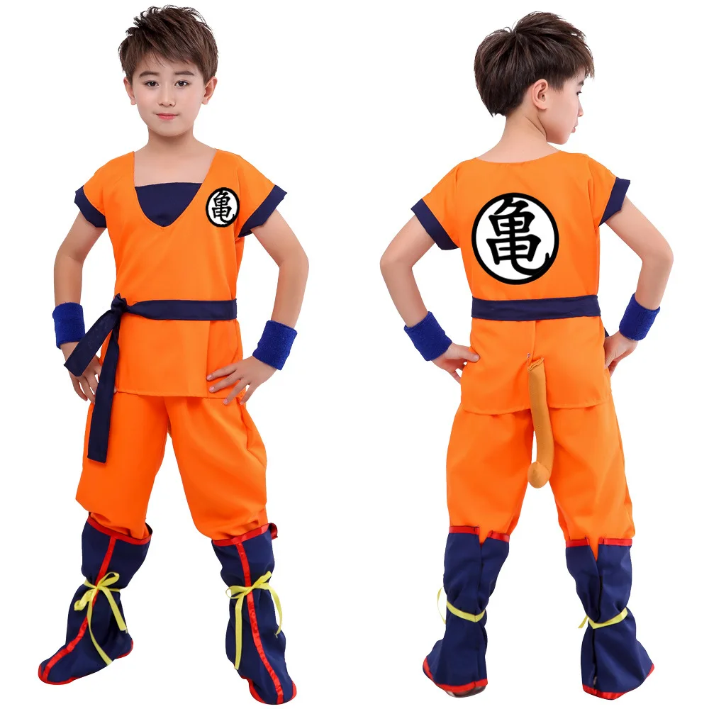 Halloween Kinderpakken Goku Gui Carnaval Anime Cosplay Vakantiekostuums Staart Pols Pruik Goud Blauw Kinderen Aankleden