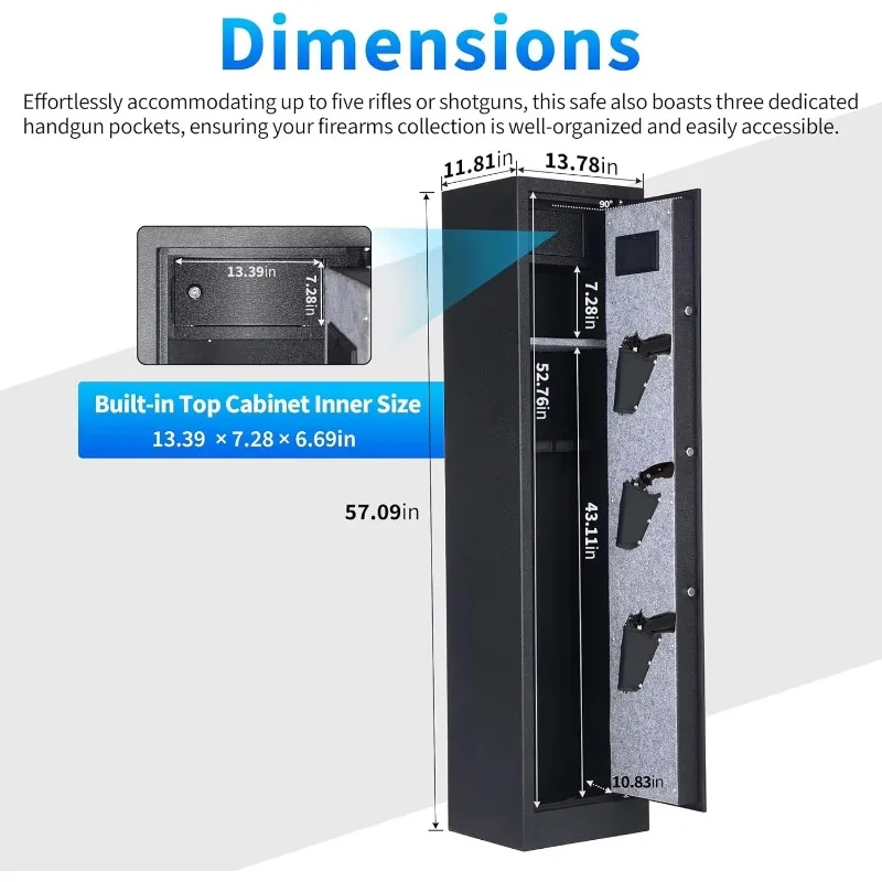 Gun Safe Biometric Long Gun Safe Box with Handgun Pockets and Built-in Lockable Box, and Silent Mode Long Large Cabinets Gun