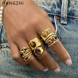 HangZhi Vintage Stainless Steel Brown Natural Stone Ring Irregular Wide Geometric Charm Jewelry for Women New