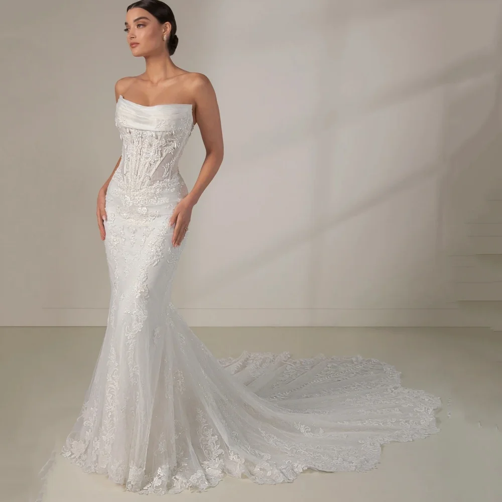 레이스 고급 웨딩 드레스 맞춤형 우아한 인어 신부 드레스 스트랩리스 스파게티 스트랩 신부 가운 베스티도스 데 노비아