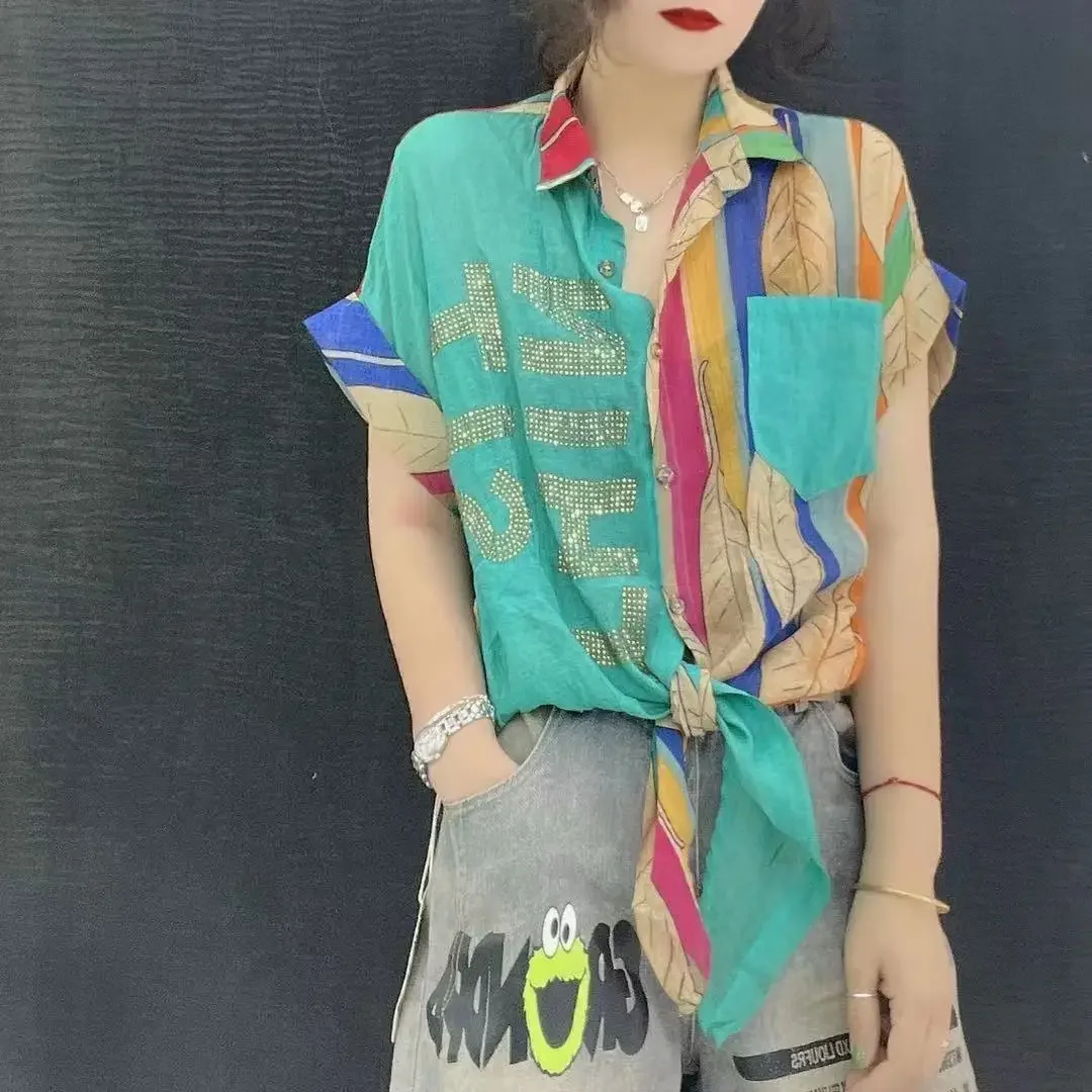 Women\'s Shirts and Blouses Spring Top for Woman Transparent Pattern Clothing Chiffon Green Printed See-through Rhinestones M Y2k