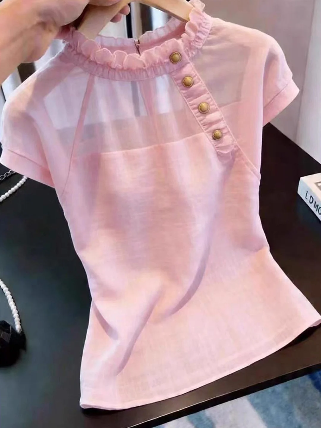 

Korean Style Soft Fashionable Short Sleeve Overhead Top Unique Design Summer New Arrival Women's Shirt Straight Cut Commute Wind