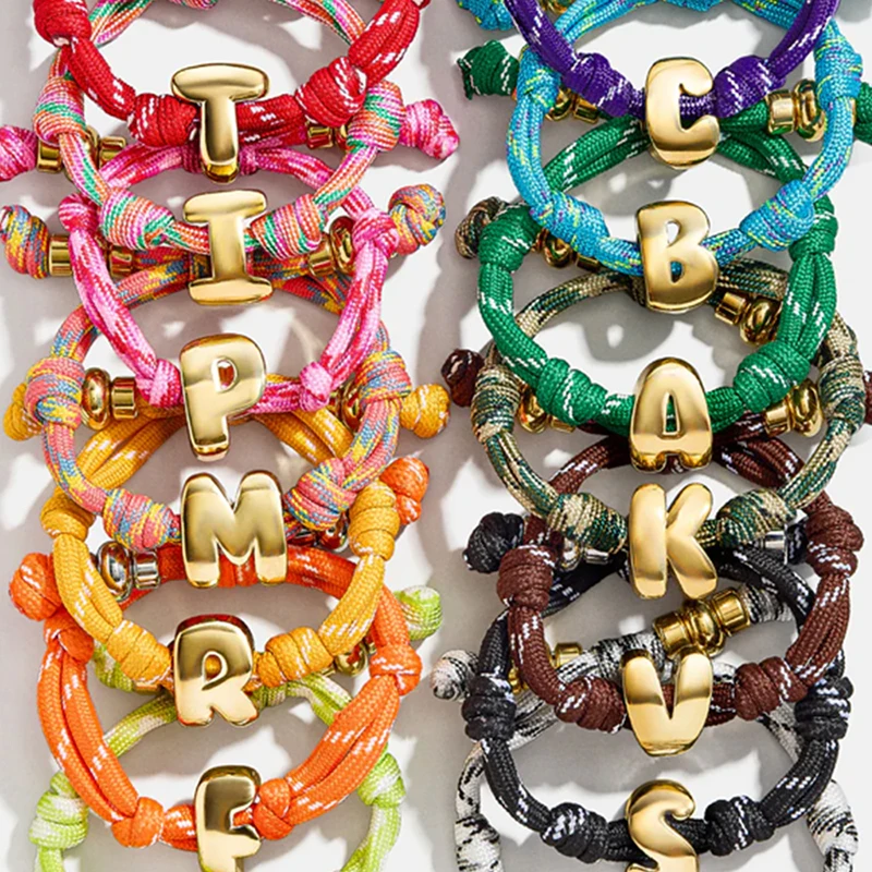 Men's Letter Charms Bracelet A-Z Bead Letter Gold Color Brass Bracelet with Colorful Braided Design and Drawstring Adjustment