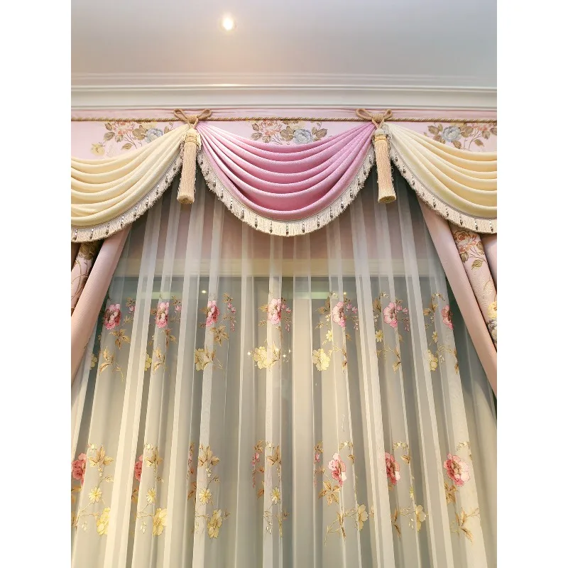 European-style large flower curtains living room luxury pink premium princess French bedroom blackout curtain head new retro vil