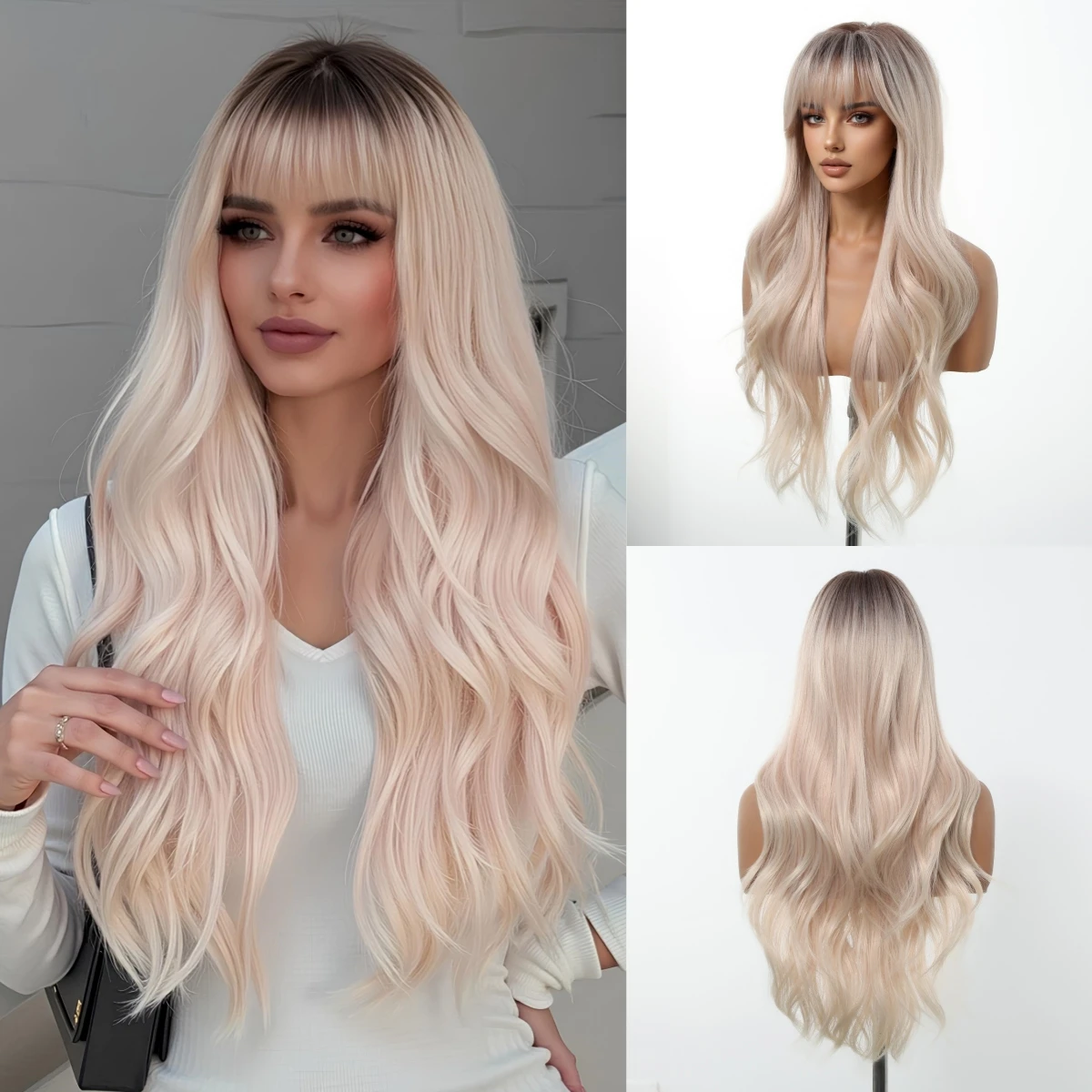 

Long Body Wave Wigs With Dark Roots Blonde Synthetic Wigs For Women Heat Resistant Natural Party Cosplay Fake Hair With Bangs