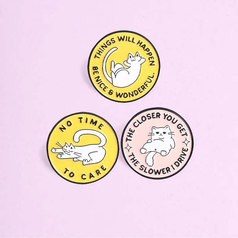 3Pcs Sassy Positive Cat Enamel Pins Set, Round Text Quote Lapel Brooches Cute White Cat Badges Gift for Cat Lovers Girls
