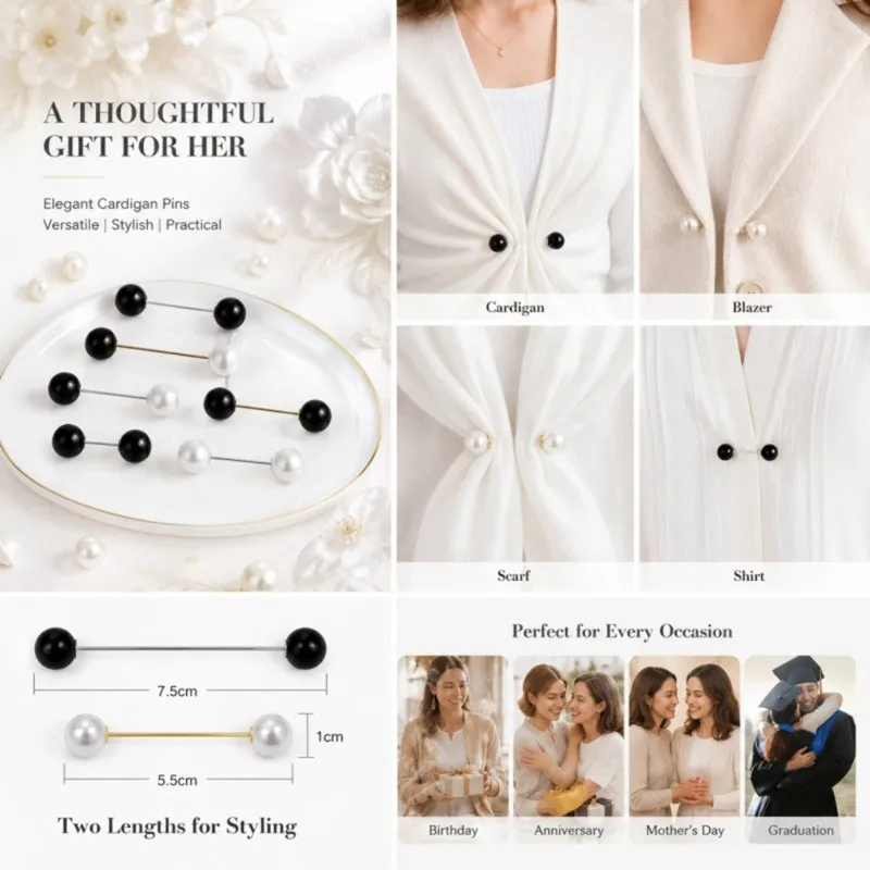 【MUST-HAVE LIST】 Vintage Metal Waist Cinch Clips Set with Pearl Brooch - 8-Piece Set with Storage Box