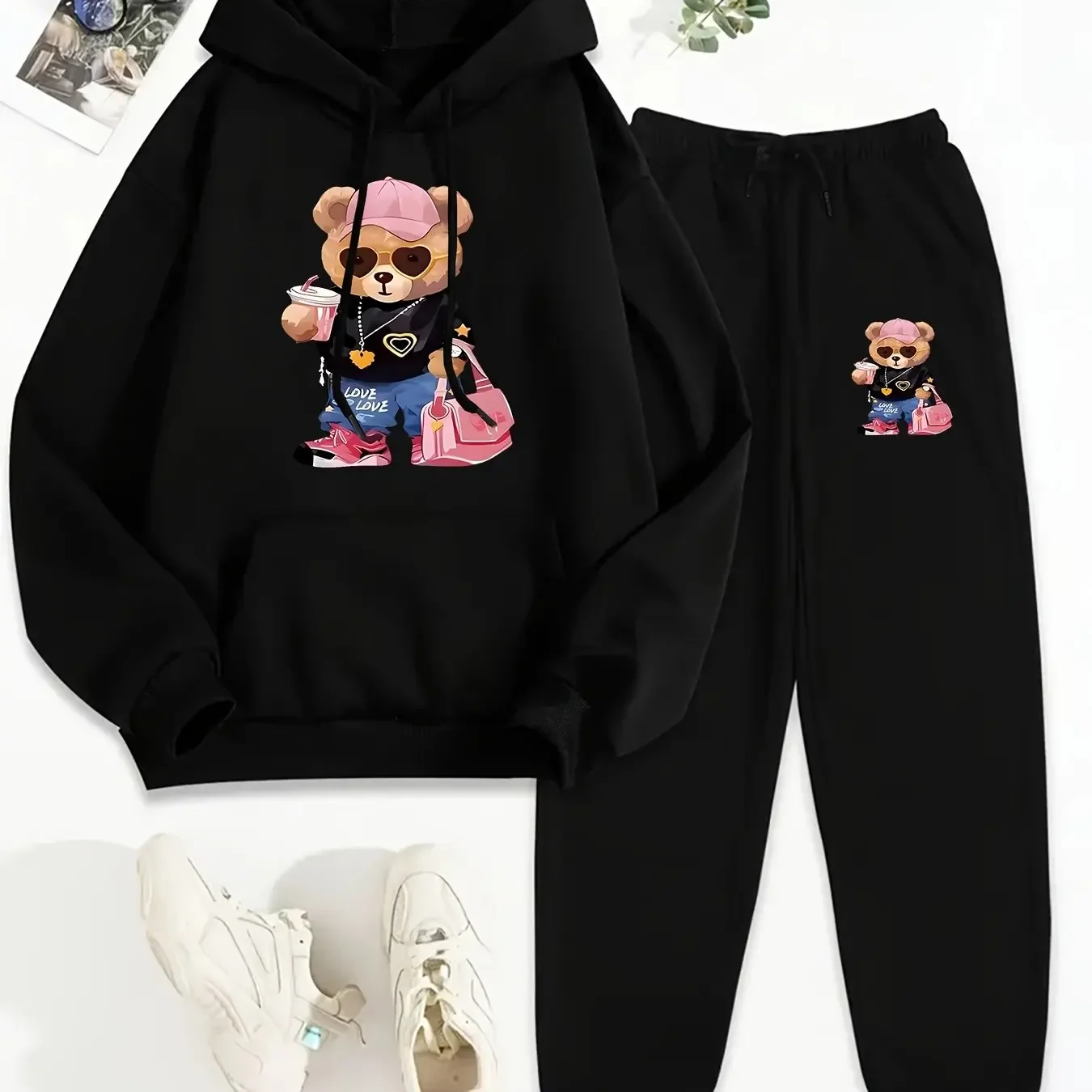2026 bear printed sportswear set men's hooded sweatshirt long pants set spring and autumn winter warm suit