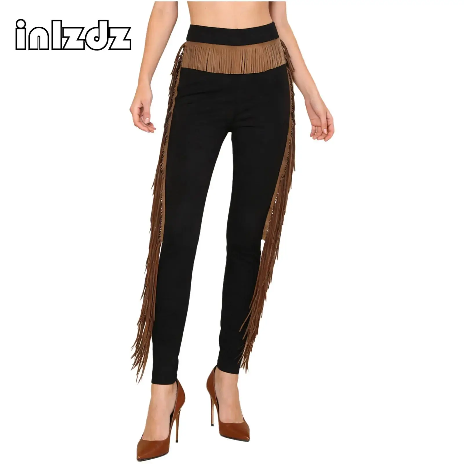 

Women Western Cowgirl Cosplay Costume Fringe Long Pants Tassels on Waist And Side Seams Leggings Skinny Trousers for Raves Party