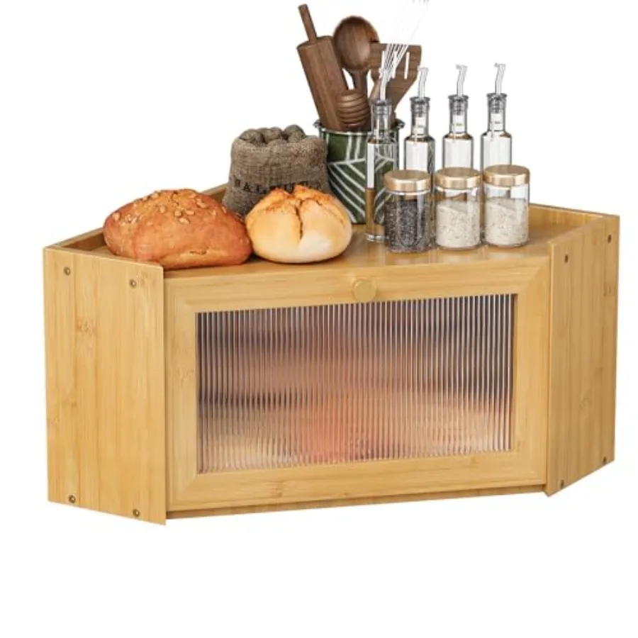 

Corner Bread Box for Kitchen Counter Large Capacity Rustic Bread Storage Container with Wavy Arcylic Transparent Door Vintage S