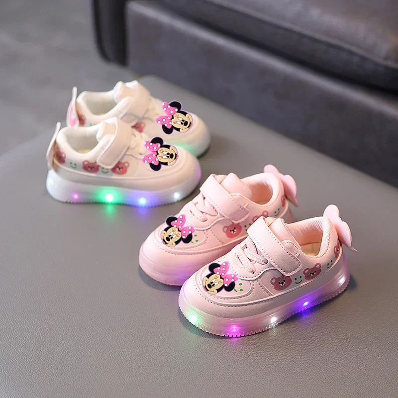 Disney Mickey Mouse Spring Autumn and Winter Children\'s Lighting Casual Shoes pu Girls and Boys LED Sneakers Board shoes