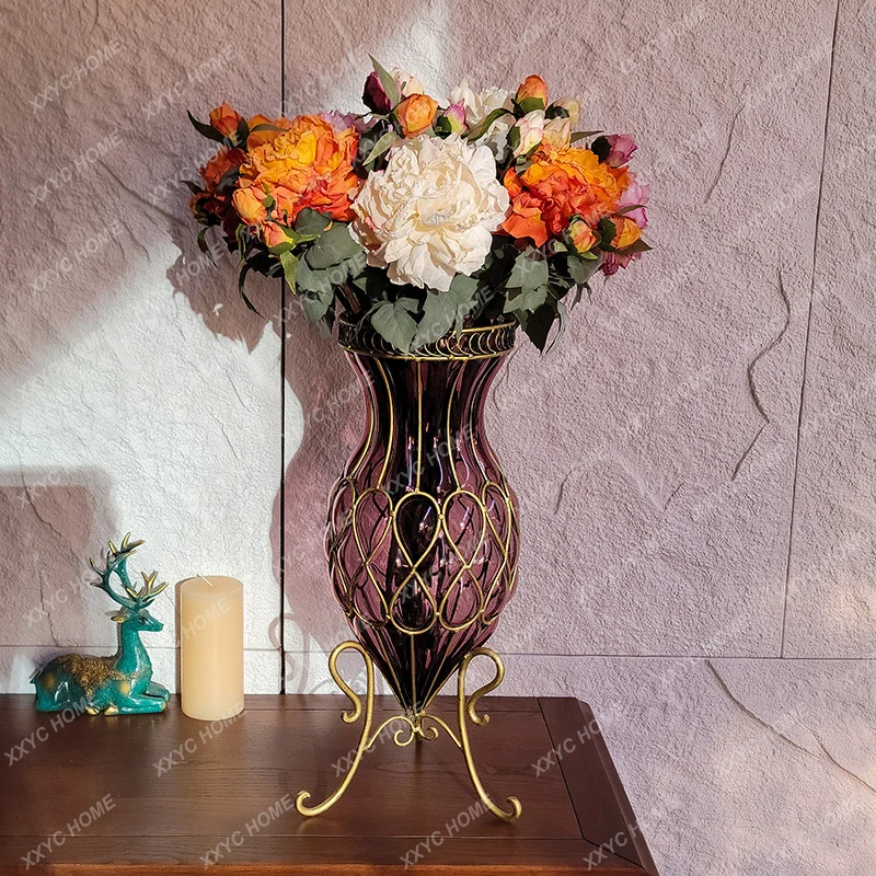 Art Red Creative Floor Purple Glass Large Vase Hydroponic Rich Bamboo Lily Large Living Room Flower Arrangement