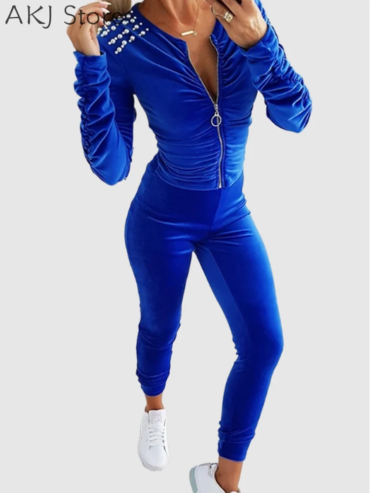 

Women Velvet Beads Zipper Design Coat and Pants Set