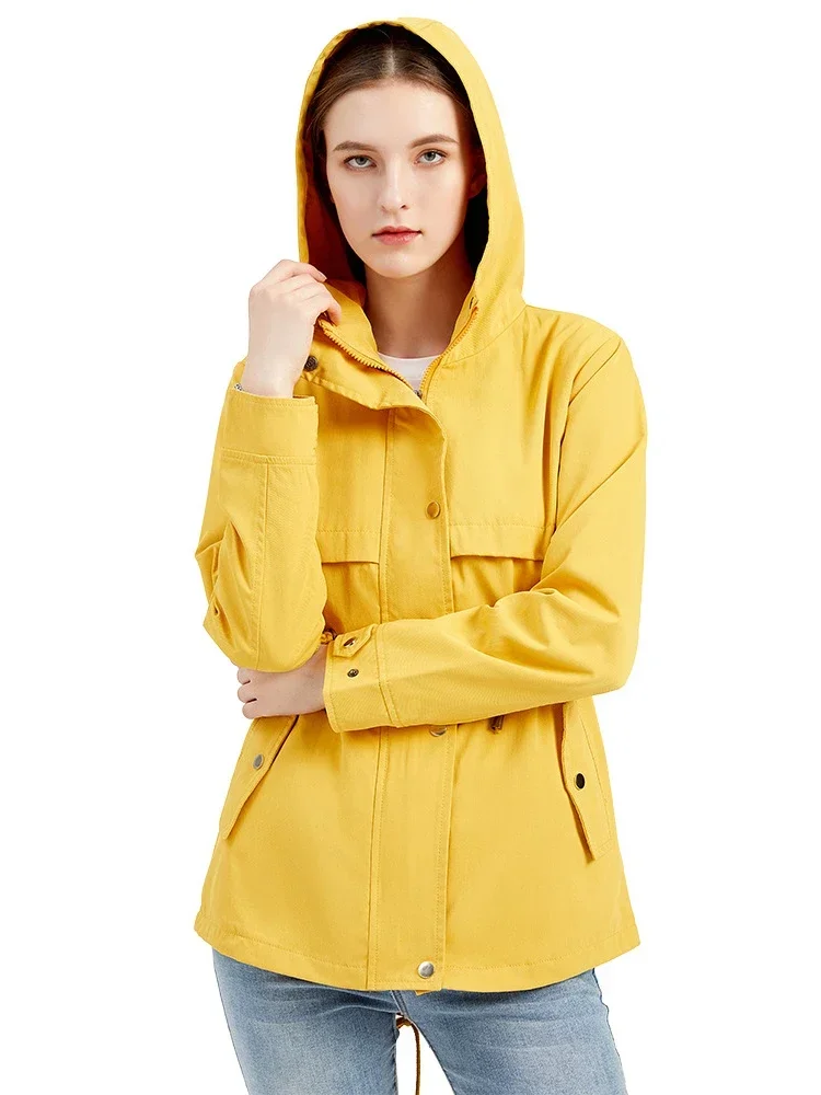 2024 New Windbreaker Medium Long Hooded Coat Solid Long Sleeve Waist Wrapped Outdoor Raincoat Thin Jackets for Women Clothes