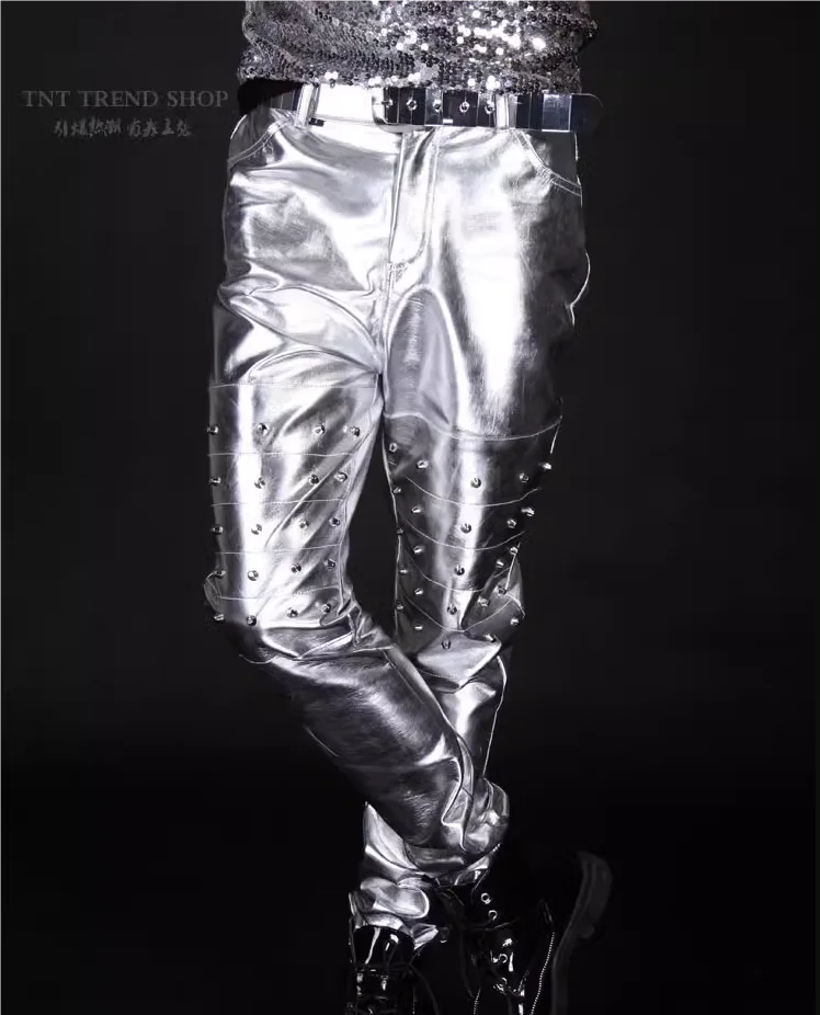 European and American style silver studded pants bar male and female singers stage performance costumes long pants