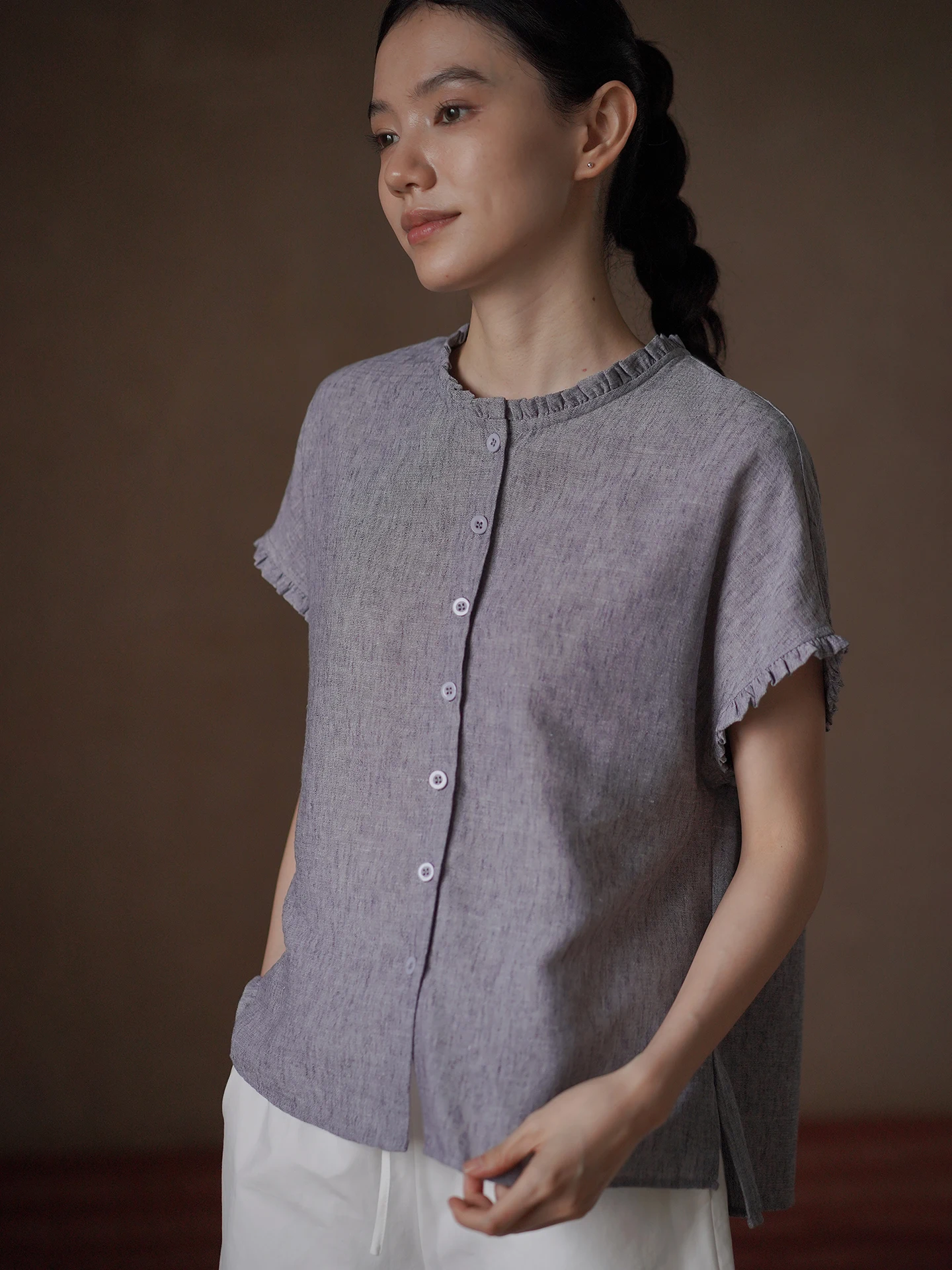 Hacikis Miss Matching Texture Matte Short Sleeve round Neck Slimming Commute Shirt Girls Summer Polyester Blend Casual Top