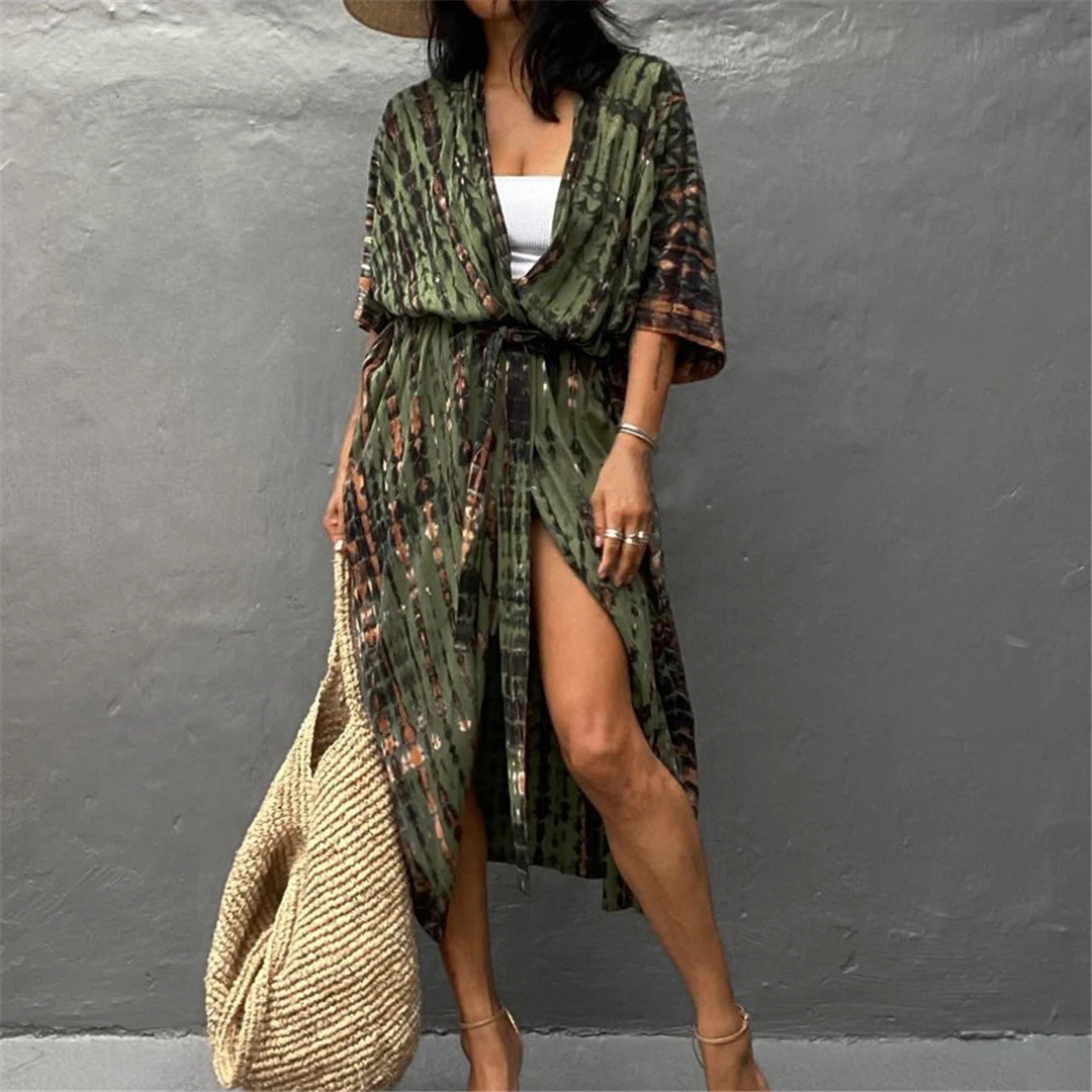 17 Farben Leopardenmuster Buntes Tunika-Strandkleid mit Gürtel Strandkleidung Strandmode Damen Strand-Cover-Up V4510L – Detail 27