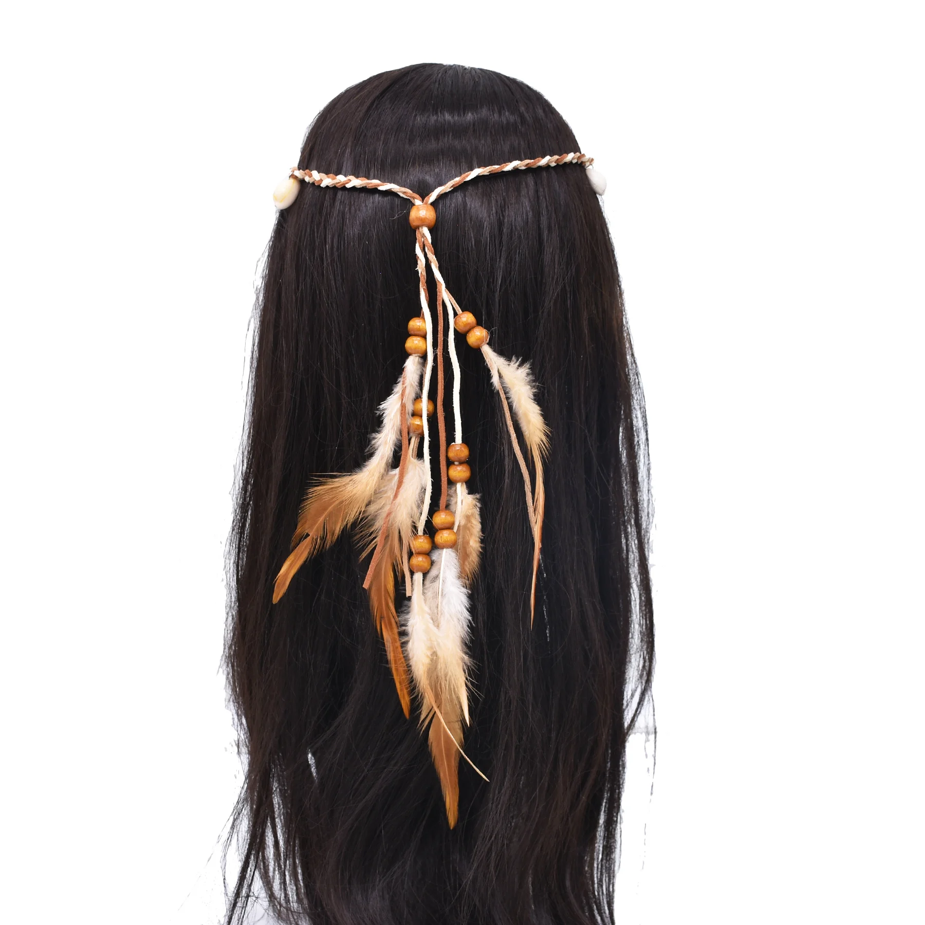 

Ethnic Bohemian Blue Brown Feather Headbands for Women Rope Shell Turquoise Pendant Headdress Indian Gypsy Tribal Party Jewelry