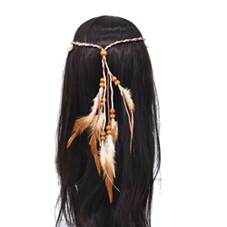 Ethnic Bohemian Blue Brown Feather Headbands for Women Rope Shell Turquoise Pendant Headdress Indian Gypsy Tribal Party Jewelry