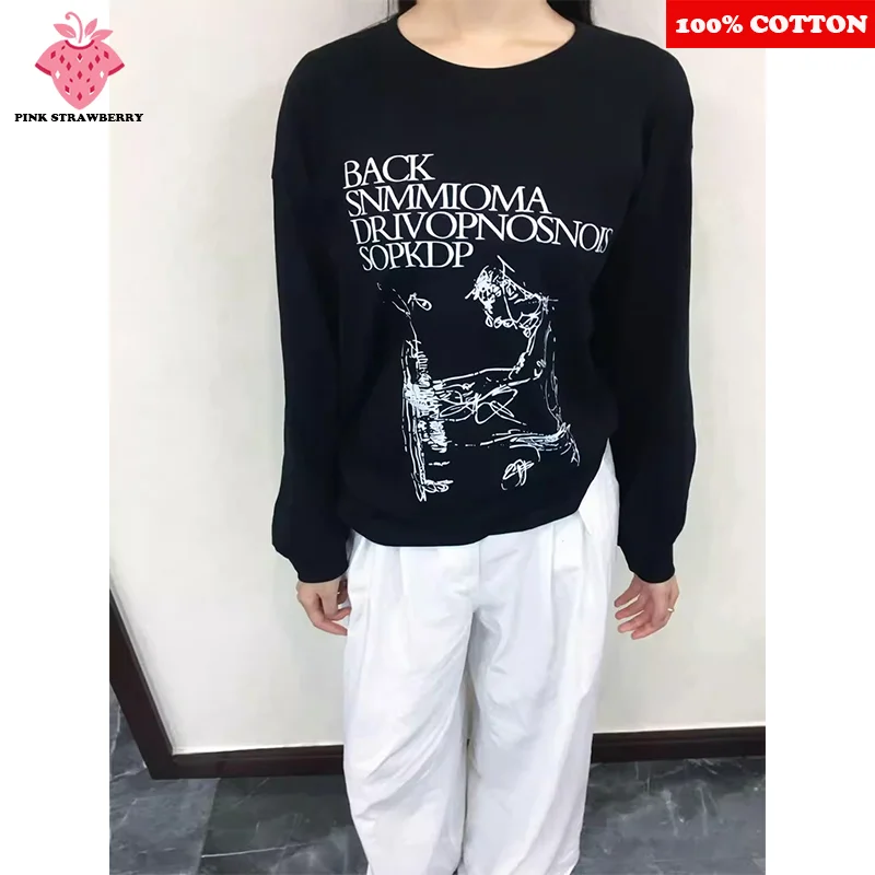 

ins Retro Print Black T-shirt Women Autumn Winter 2025 New 100% Cotton Loose Casual long sleeves T-shirt Top Y2k Female clothing