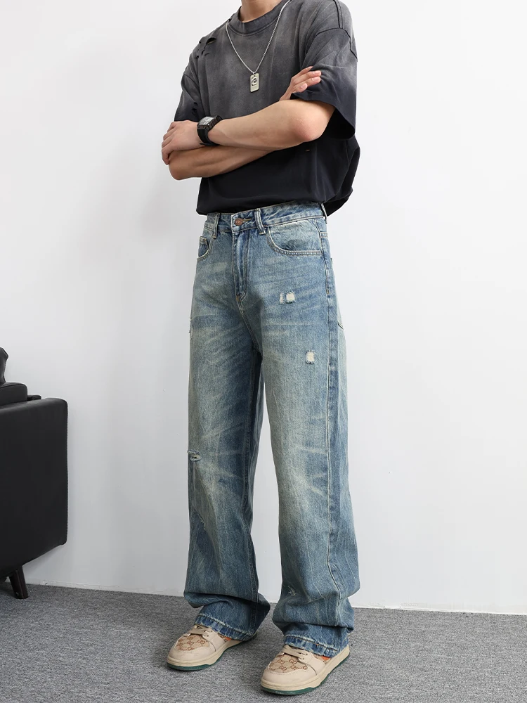 

Рваные винтажные мужские джинсы прямого кроя в американском стиле, свободные широкие брюки для осени и зимы, модный дизайн, повседневные.