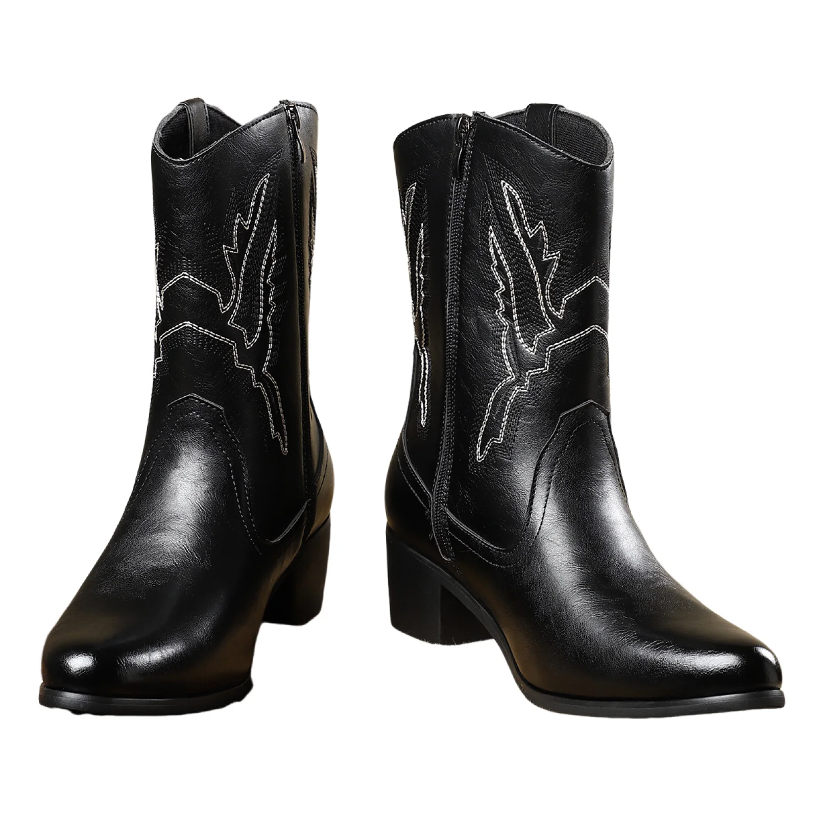 Men Embroidered Cowboy Boots Western High Heel Fashion Boot Retro Casual Zipper High Top Boots Anti Slip And Wear-Resistant Sole