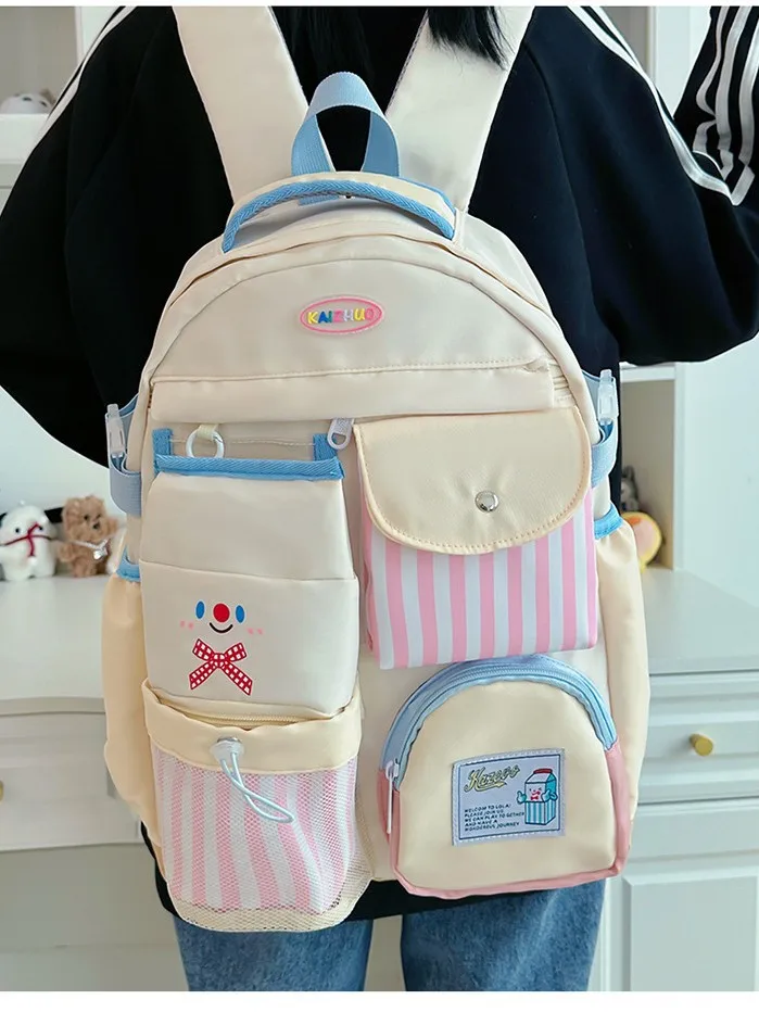 Plaid Spliced Multi Pocket Backpack Girls Large Capacity Waterproof School Bag With Pencil Case Spine Friendly Casual Travel