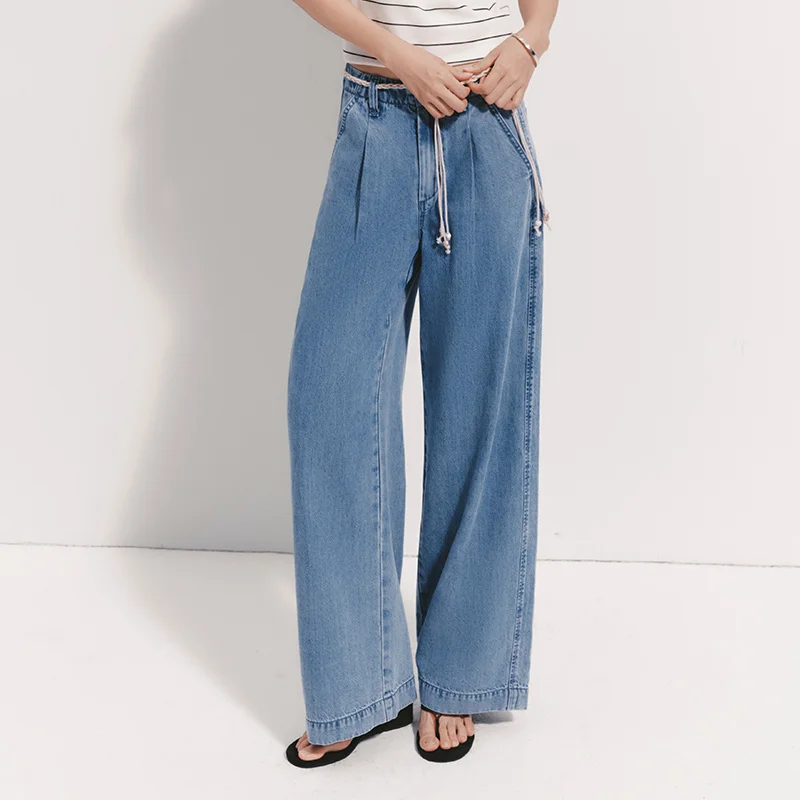 Women's Wide-Leg Denim Jeans with Belt - Loose Fit