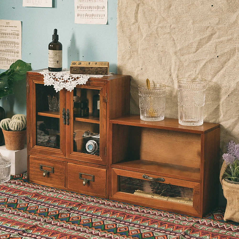1 قطعة الخشب الصلب خمر باب مزدوج عرض خزانة النثرية مستحضرات التجميل درج صندوق تخزين مكتبي خشبي #3
