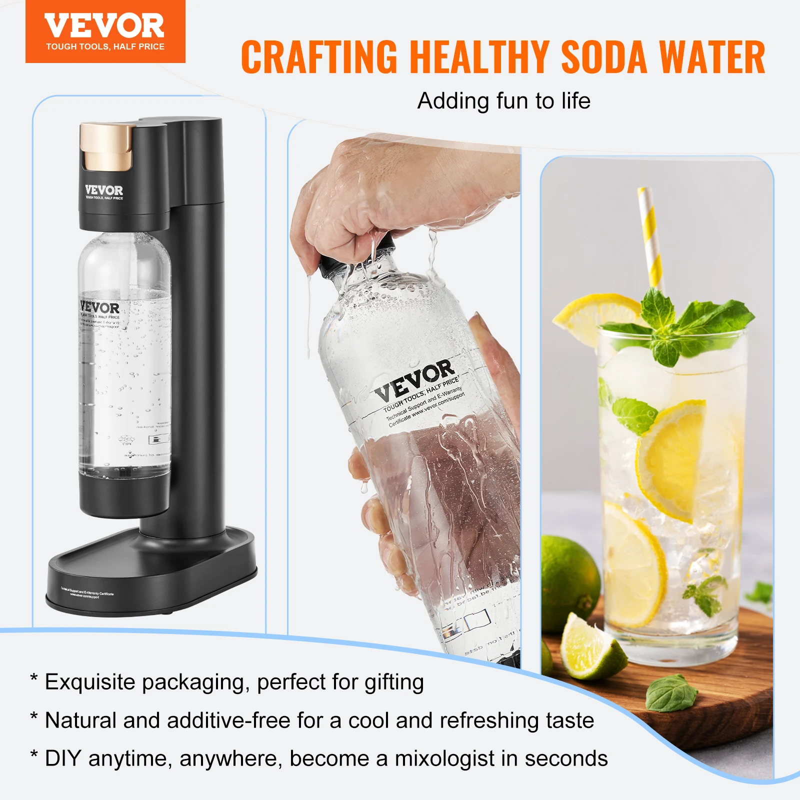 VEVOR Sparkling Water Maker, Soda Maker Machine for Home Carbonating, Seltzer Water Starter Kit with 2 BPA-free 1L PET Bottles