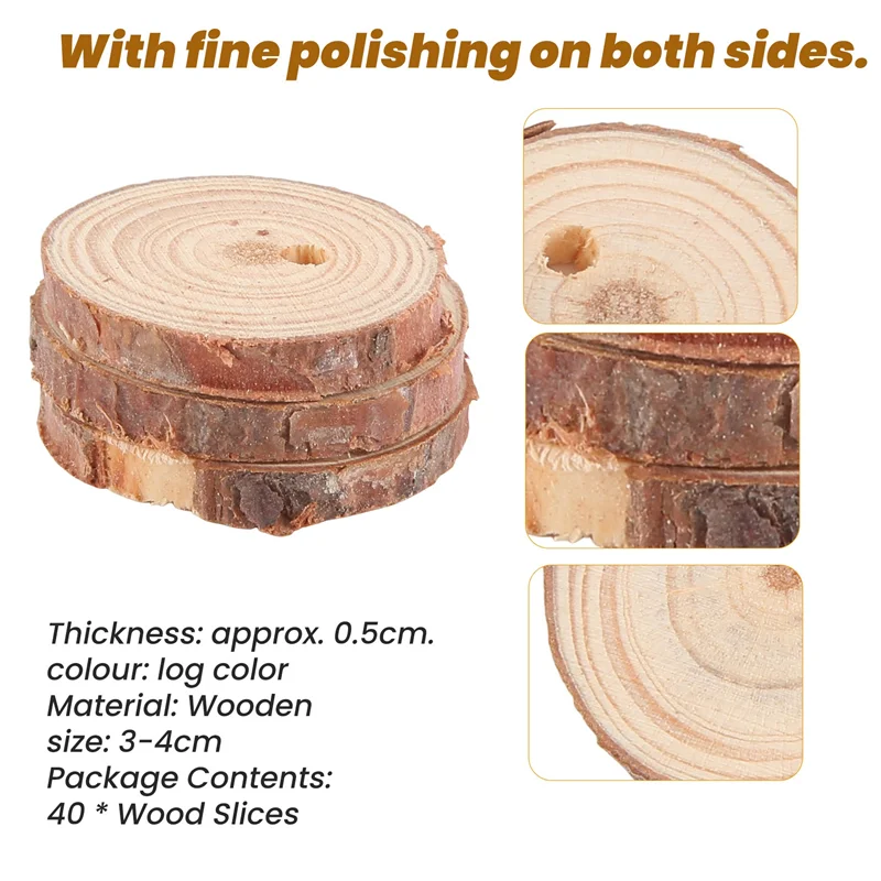 H-W 40 pièces 3-4CM tranches de bois rondes naturelles inachevées cercles avec disques de bûches d'écorce d'arbre pour bricolage artisanat décoration de fête à la maison