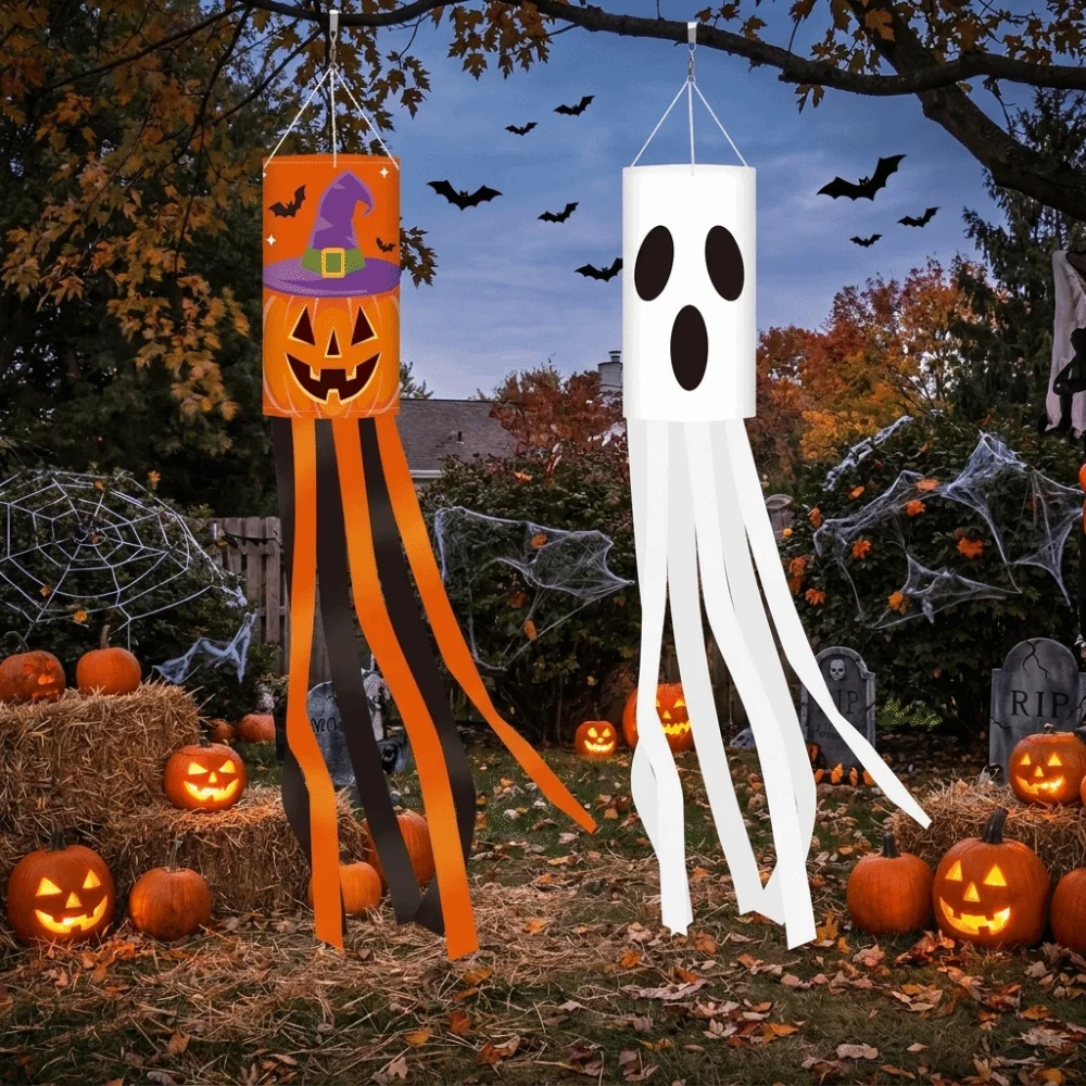 Pumpkin Ghost Pattern Halloween Wind Flag Wind Tube Flag Ribbon Festival Wind Vane Hanging Ghost Windsock Flag