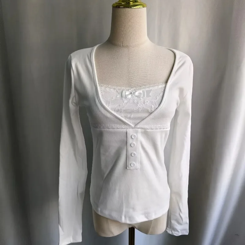 Ezgaga T Shirts Women Lace Patchwork Bow Slim Autumn Winter Fashion Sweet Crop Tops Button Female Casual Tee Shirt Basic view 4