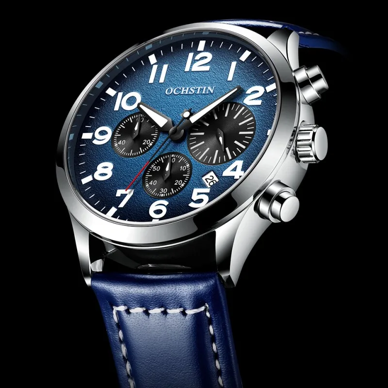 OCHSTIN Sport Men Watches Analog Quartz Chronograph Stopwatch Date Military Leather Strap Male Wristwatches Clock Gifts for Him