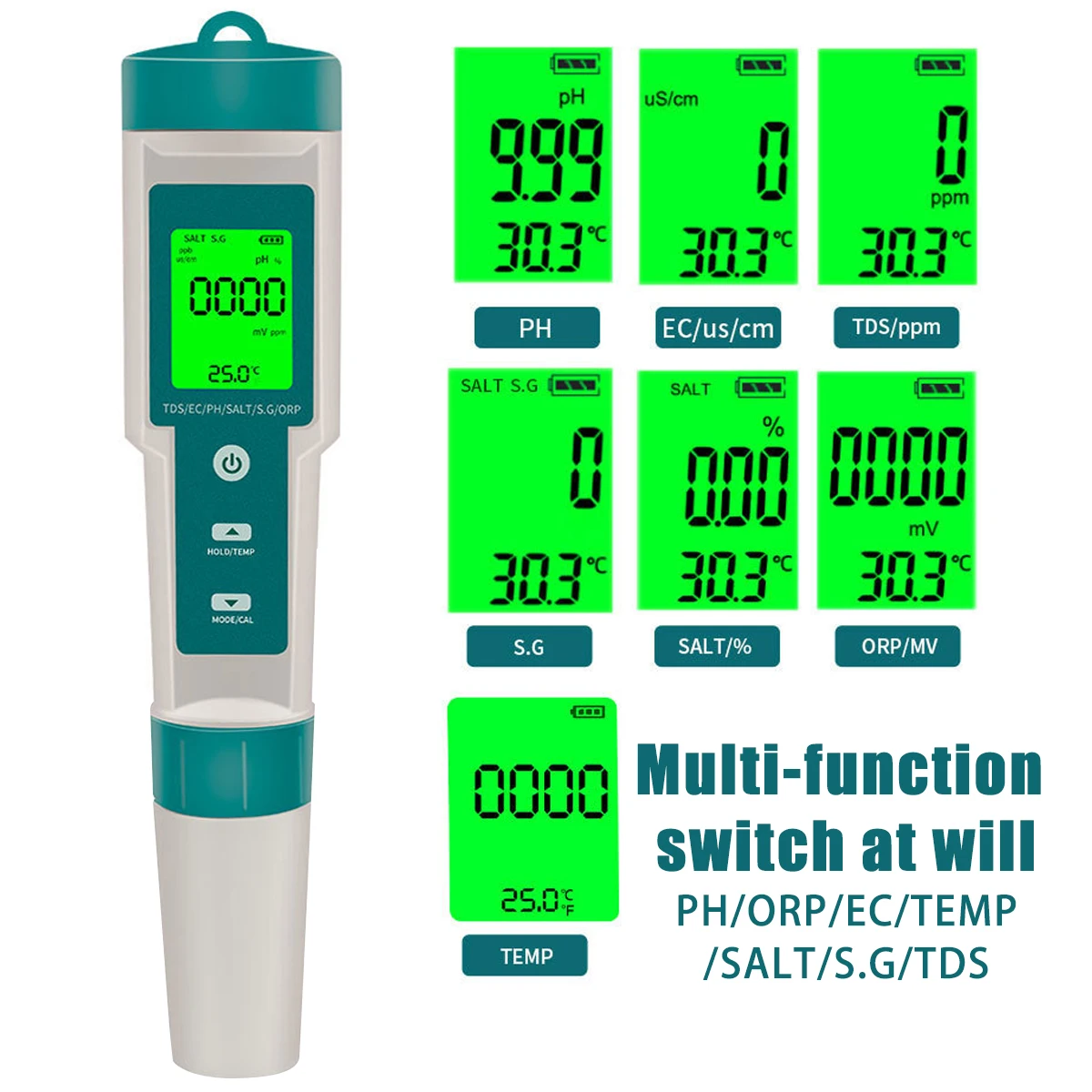 New Digital PH Meter 7 In 1 PH/ORP/EC/TEMP/SALT/S.G/TDS Water Quality Tester High Precision Portable Water Purity Tester for