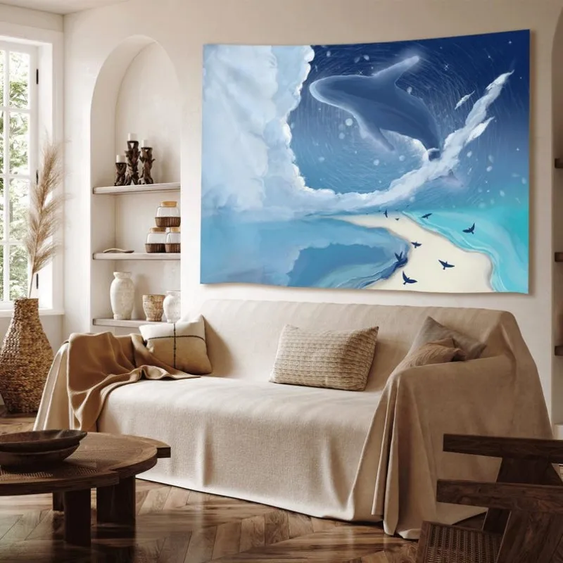VIKAMA Dreamy Whale Ocean Tapestry Watercolor Beach Landscape Wall Hanging for Bedroom Living Room Home Decor