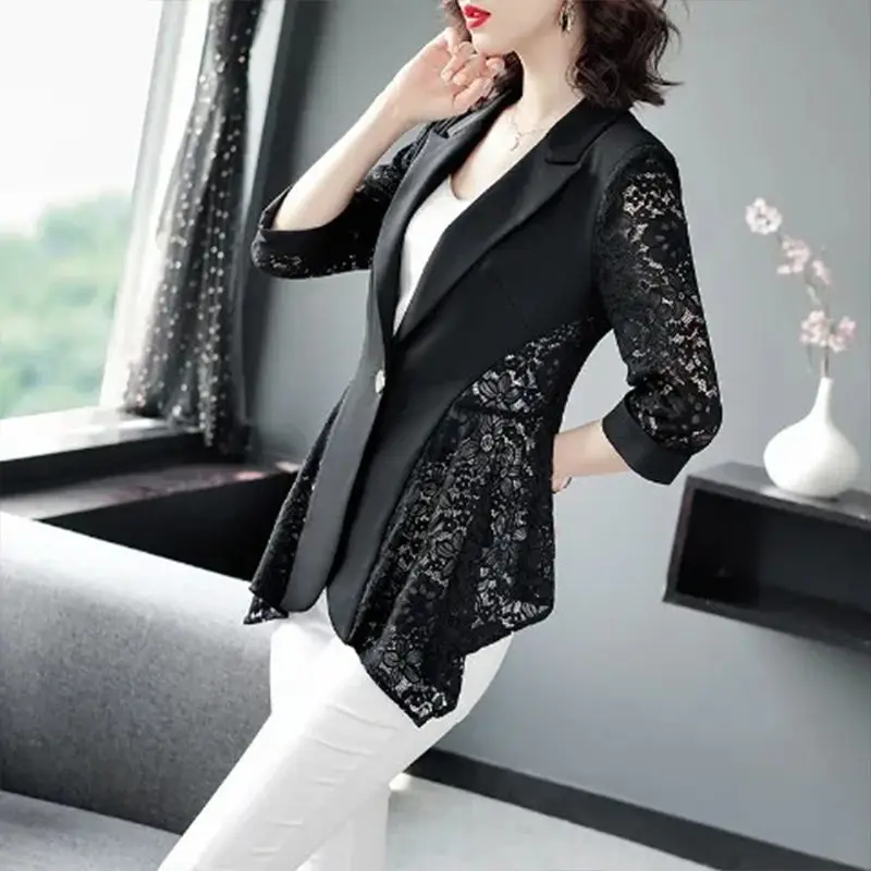 Fashion Printed Spliced Button Irregular Blazer Women Clothing 2022 Autumn New Casual Tops Loose Three Quarter Office Lady Suits