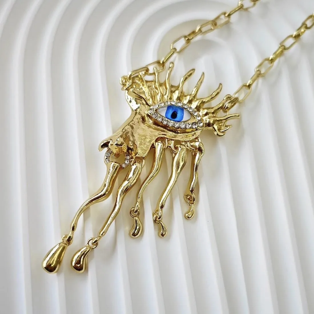 Bold Heavy Craft Evil Eye Statement Necklace Full CZ Enamel Drop Pendant Trendy Club Neck Accessory
