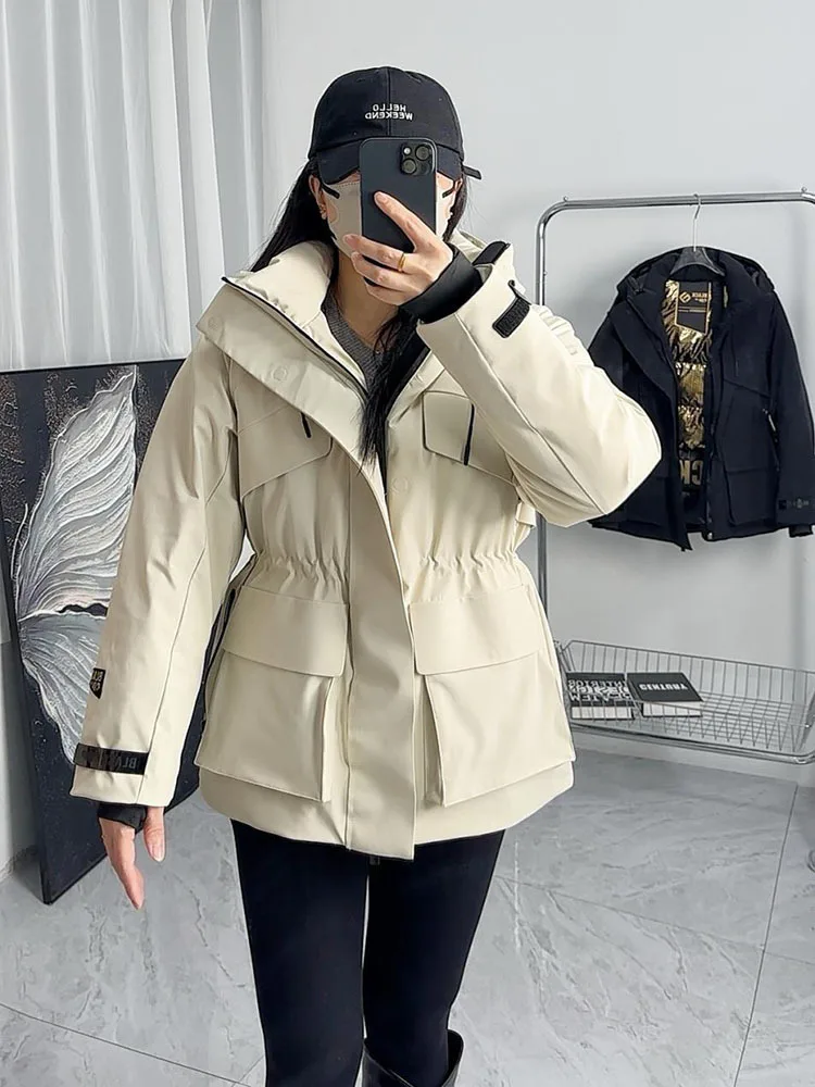 Women Down Coat 2025 Autumn Winter New Hooded Pocket Belt White Duck Down Jacket Fashion All Match Outdoor Ski Jackets