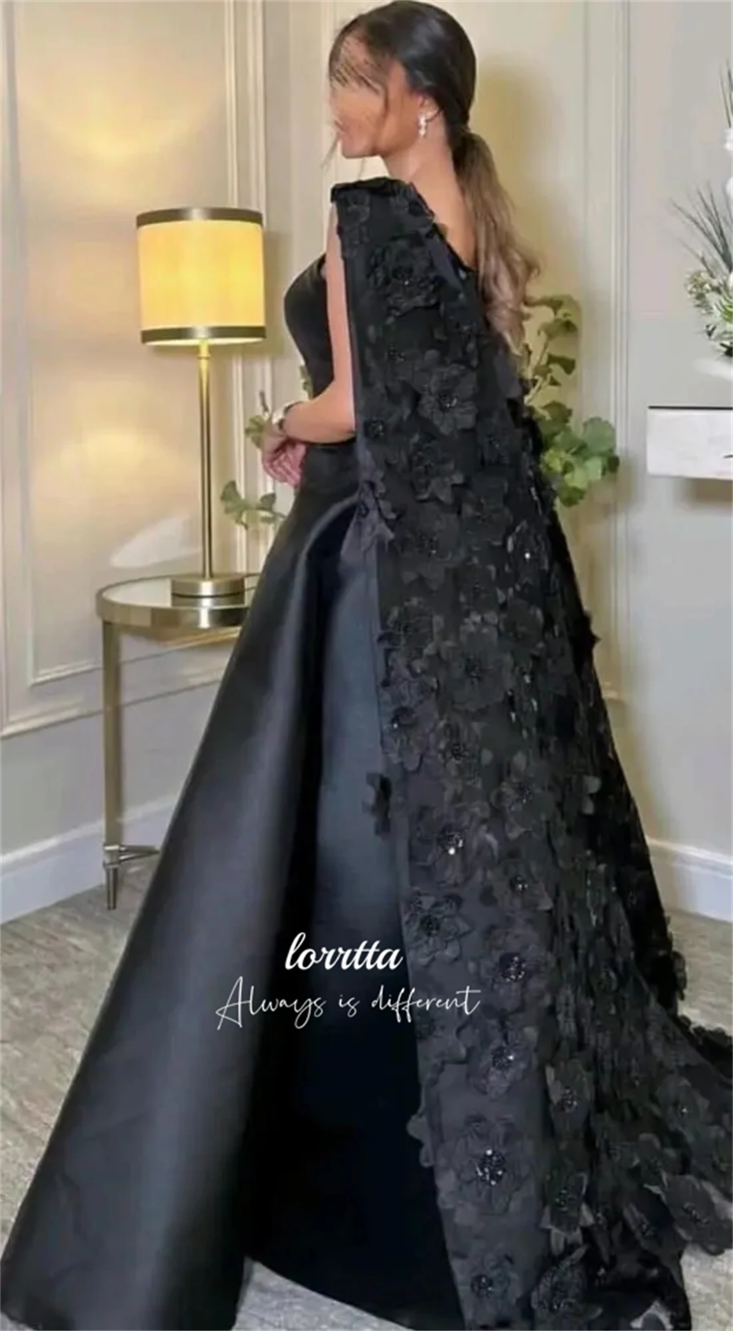 Lorrtta Formal Dress Black Line A Satin 3D dimensional Flower Shawl Luxury Evening Dresses 2024 Ball Gowns Prom Gown Customized