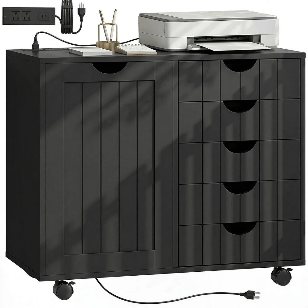 Mobile Lateral Filing Cabinet with 5 Drawers Printer Stand with Power Outlets and USB Ports Rolling File Cabinet with