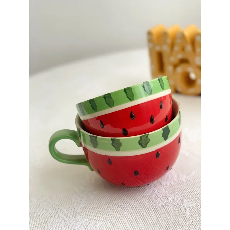 

Summer is coming, eat more melons, simple hand-painted large-capacity ceramic watermelon cups, watermelon bowls