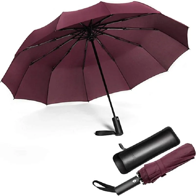 12 Ribs Folding Umbrella Windproof Compact Travel,Auto Open/Close Large Rain Umbrellas W/Polyester Coating, Ergonomic Handle FRE