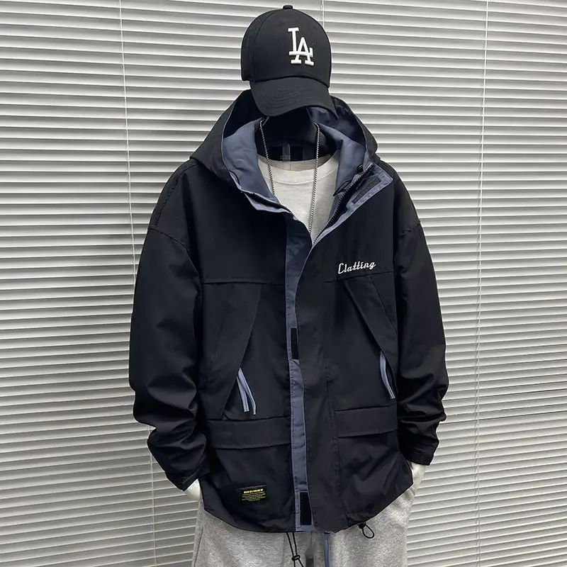

Loose Fit Men's Hooded Jaet Outdoor Casual Spring Autumn Large Size Parka Sle Workwear Coat Japanese Trend Polyester Fiber