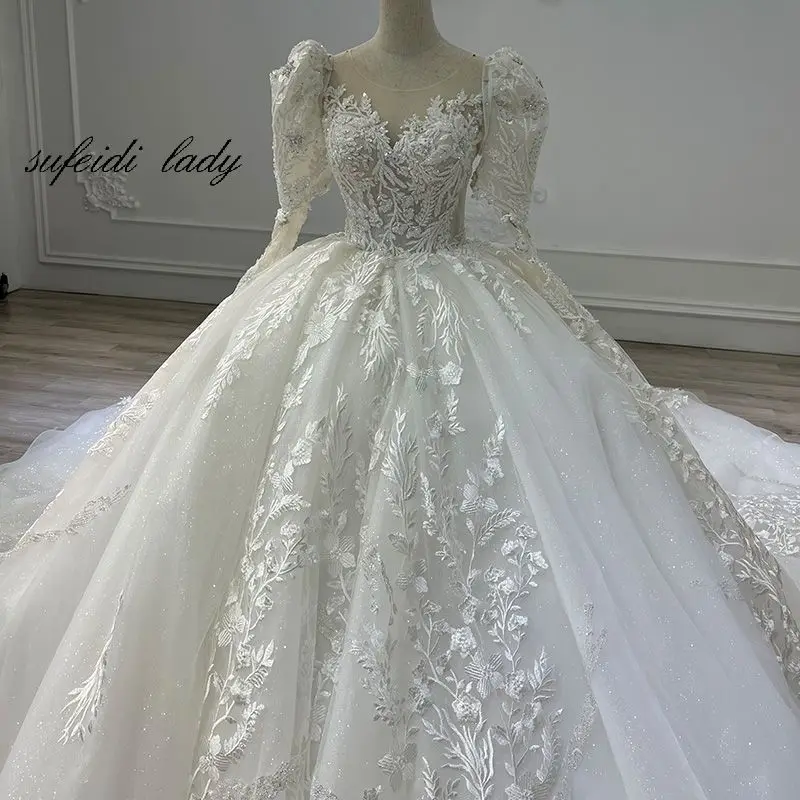 

Gorgeous Boat Neck Wedding Dresses Floor Length Tulle Lace Appliques 2022 Long Sleeve Formal Bridal Gown Customize