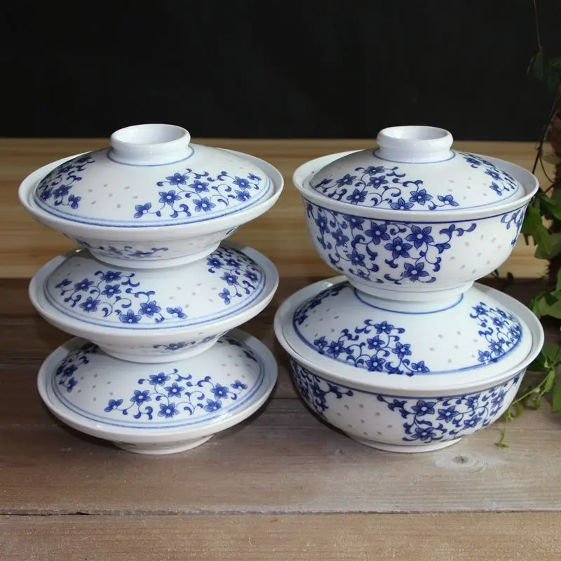 7/8 inch Jingdezhen Ceramic Soup Bowl Wid Lid Underglaze Blue and White Porcelain Ramen Bowls Vintage Chinese Tableware Tureens