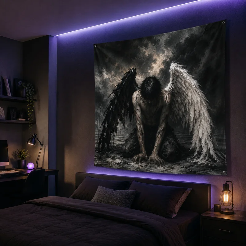 VIKAMA Fallen Angel Tapestry Black White Split Wings Dark Storm Cloud Wall Hanging Gothic Bedroom Gaming Room Decor Cloth