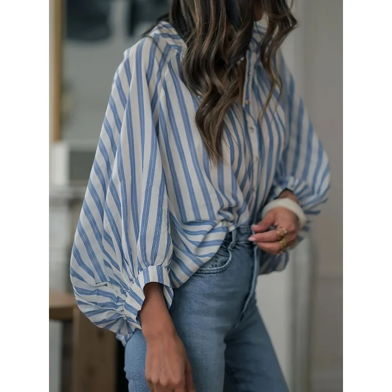 플러스 사이즈 1XL-5XL 신상 여성 스트라이프 루즈 셔츠 블라우스 여성 긴팔 캐주얼 O넥 버튼 루즈 셔츠 탑